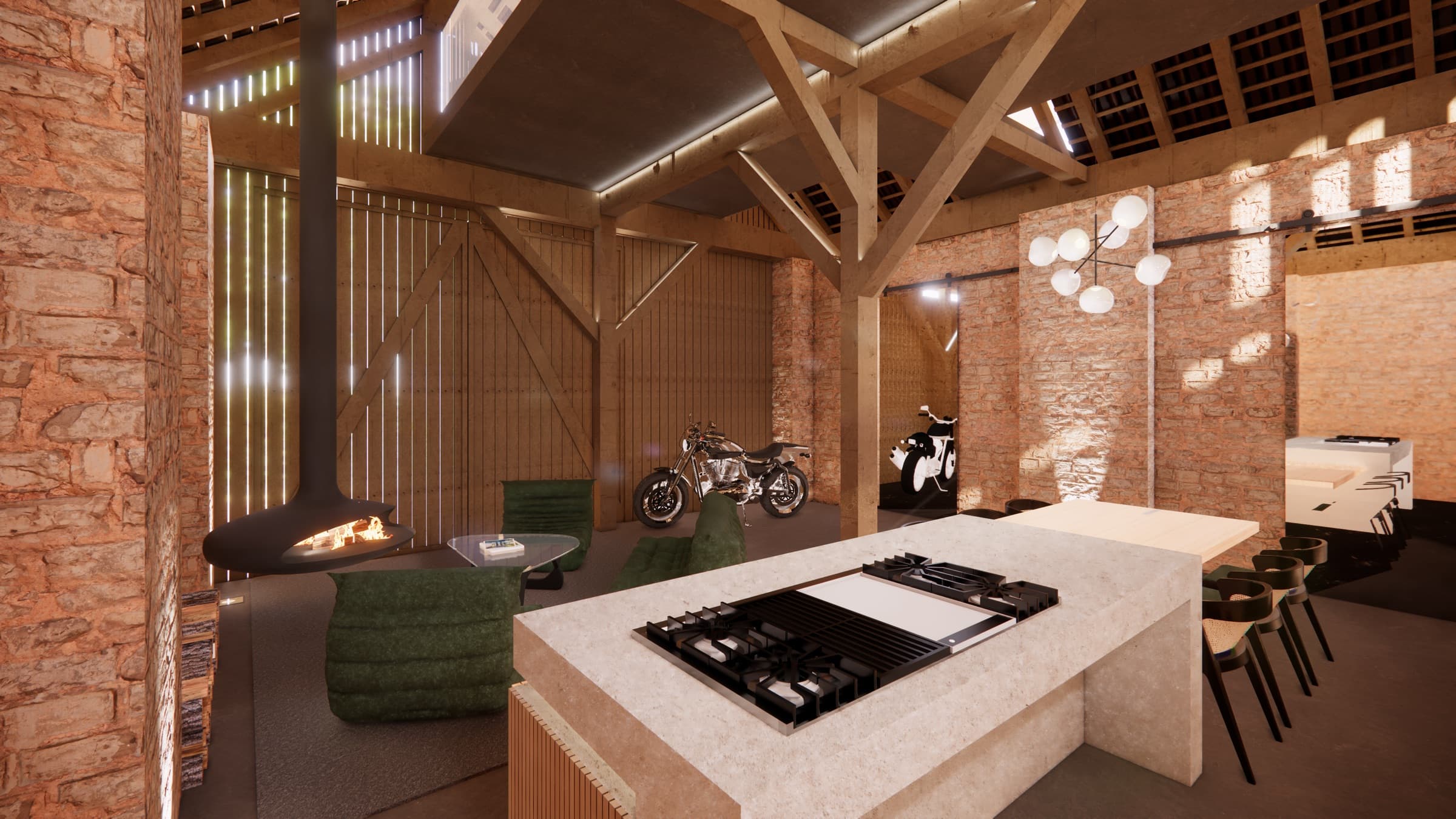 Barn interior with kitchen