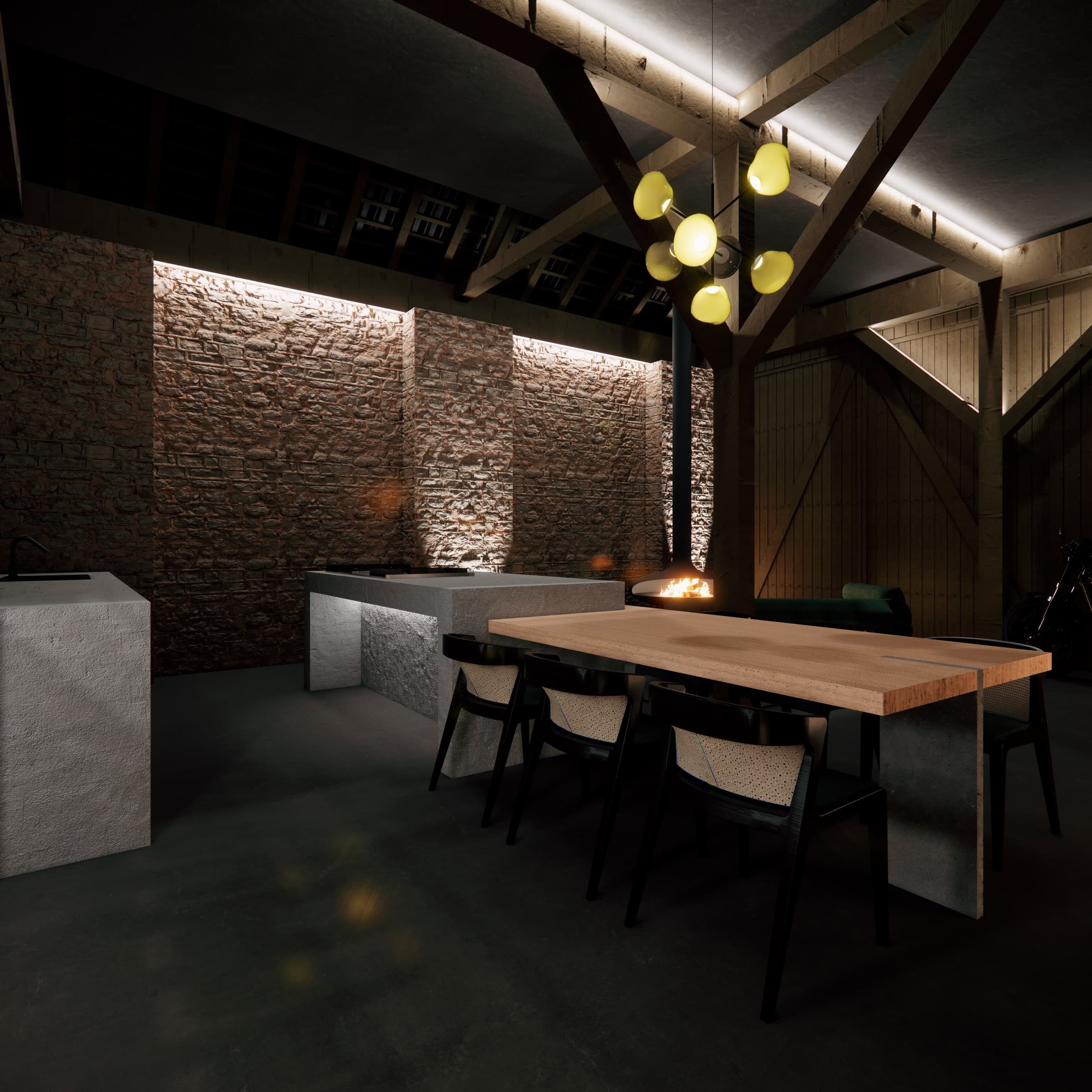 Dining table under the trusses